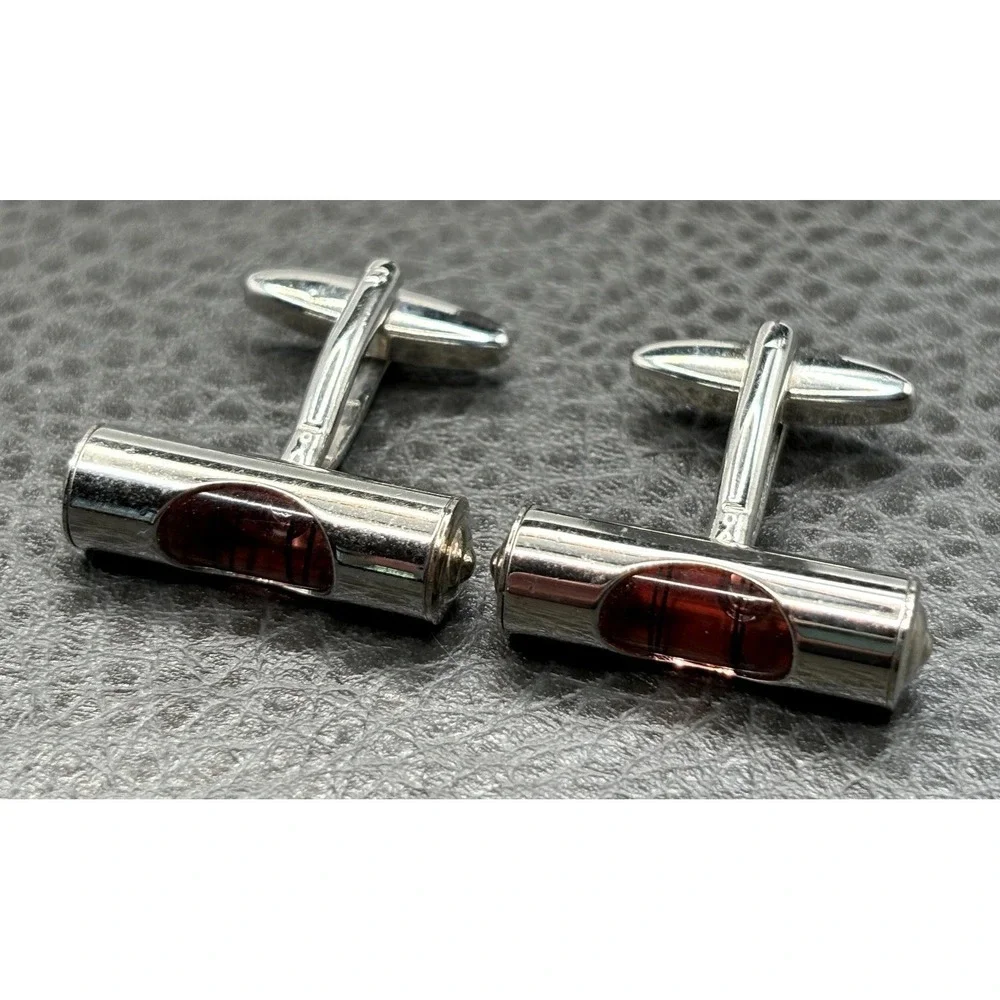 Pink Bubble Level Silver Tone Cylindrical Cufflinks Handyman
